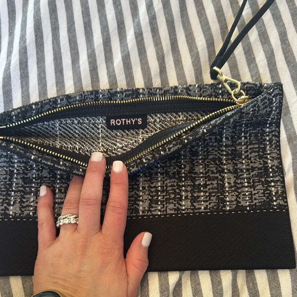 Rothy's Black and Gray Tweed Wristlet Clutch
